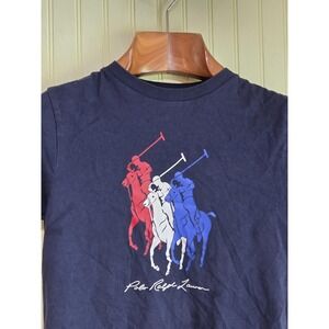 Polo‎ Ralph Lauren Shirt Shorts Set Boys 8 Navy Blue Triple Pony Graphic 2 Piece